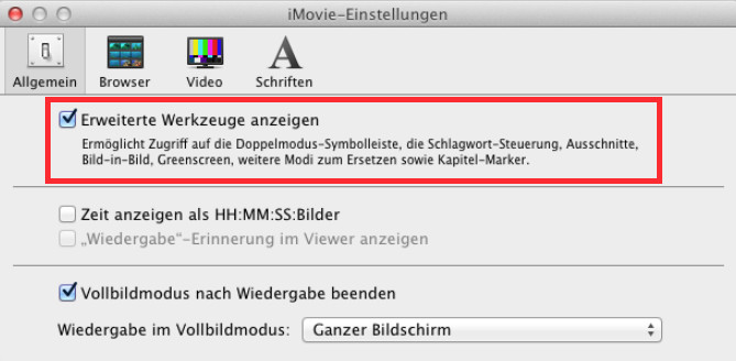 Erweiterte Werkzeuge anzeigen auf iMovie