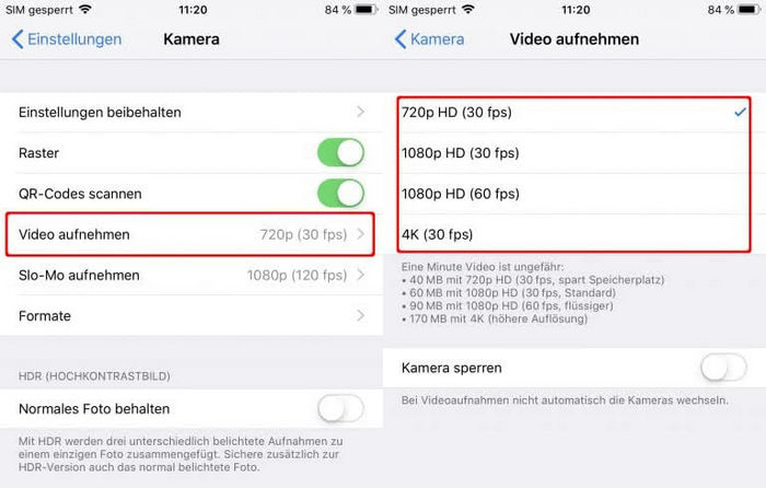 Kameraeinstellungen auf dem iPhone ändern, um die Videoqualität zu verbessern.